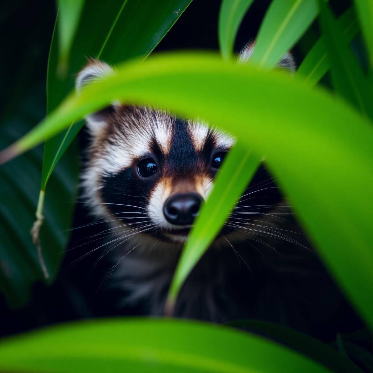 Curious raccoon peeking through green leaves in a Florida yard